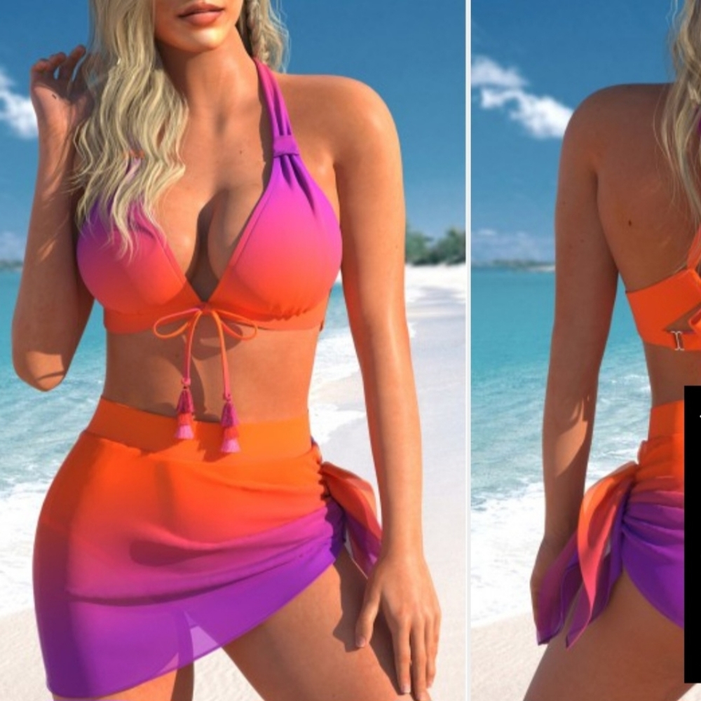 ROTITA Mesh Cyan Ombre High Waisted Bikini Set Orange